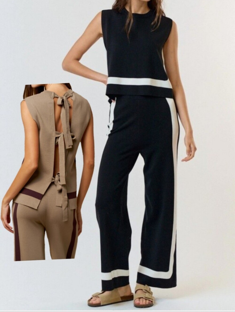 #102587 🛑L Back Tie Sleeveless Sweater Top & Pants 2pc Set